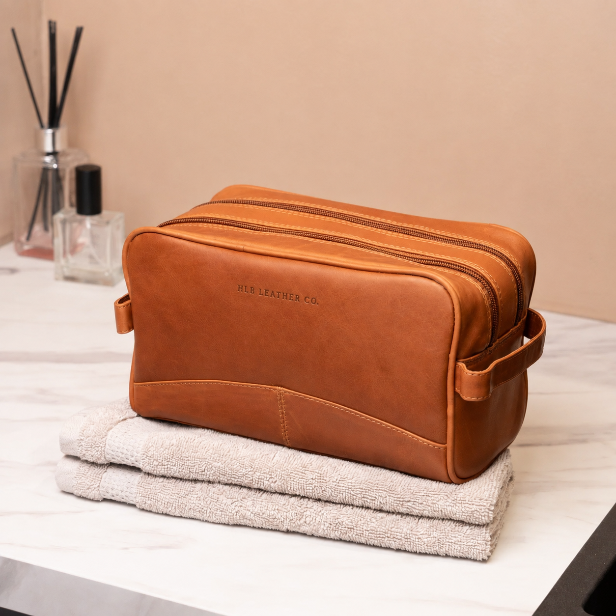 Cognac Waxed Leather Toiletry Bag – Compact Travel Dopp Kit