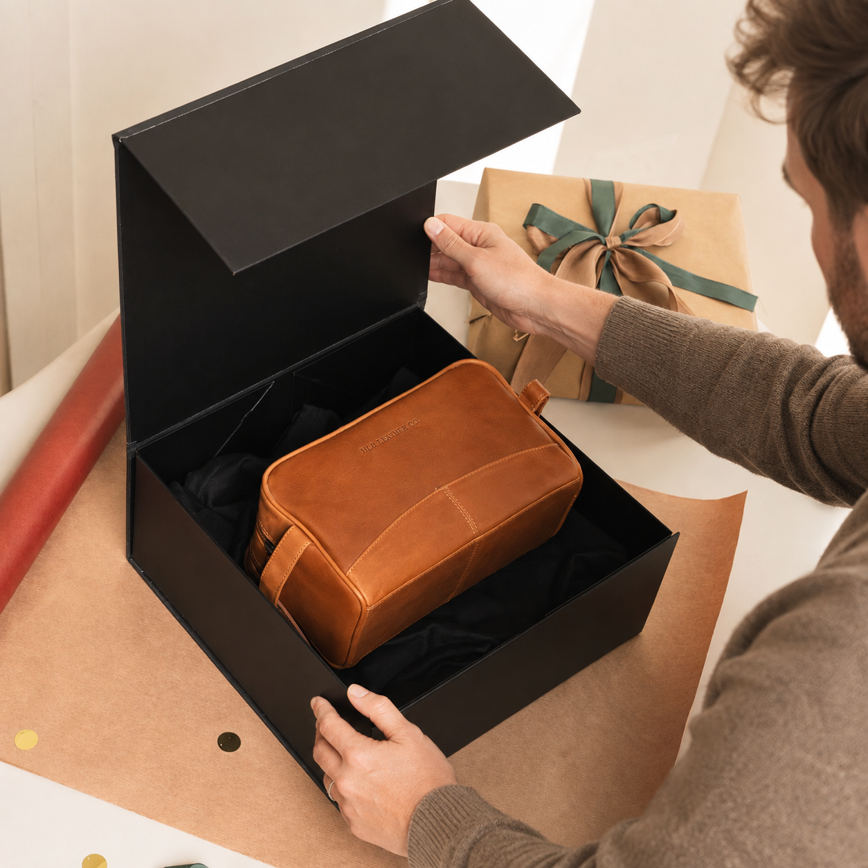 Cognac Waxed Leather Toiletry Bag – Compact Travel Dopp Kit