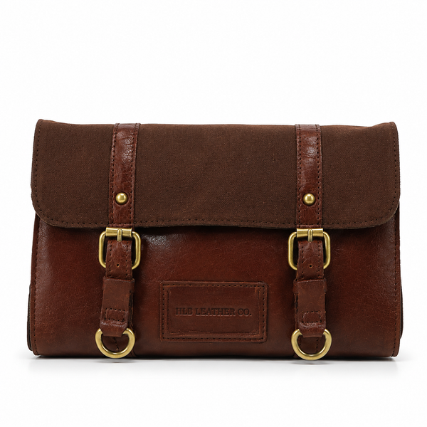 Tan Leather & Canvas Hanging Toiletry Bag – Detachable Travel Wash Organizer