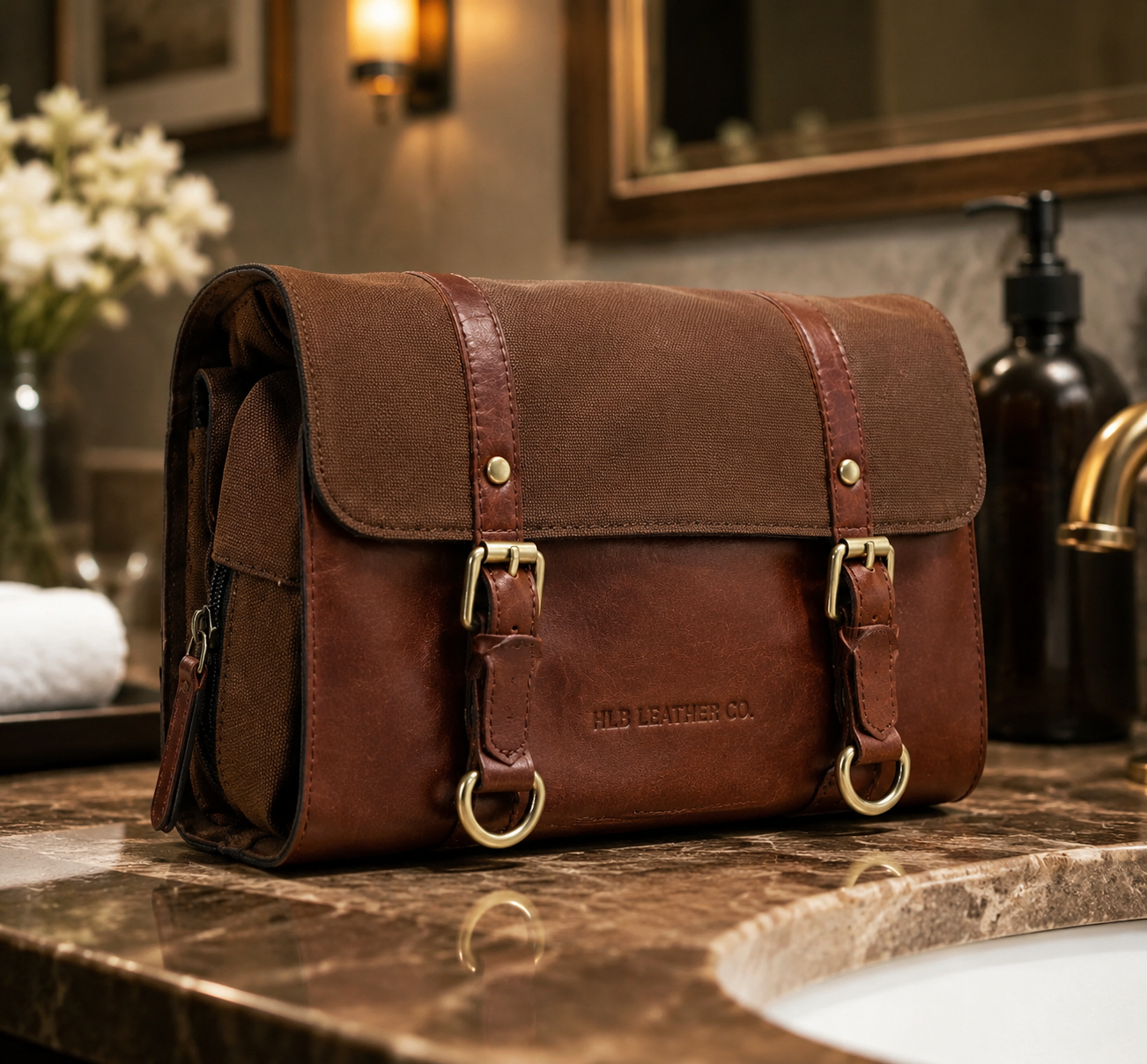 Tan Leather & Canvas Hanging Toiletry Bag – Detachable Travel Wash Organizer