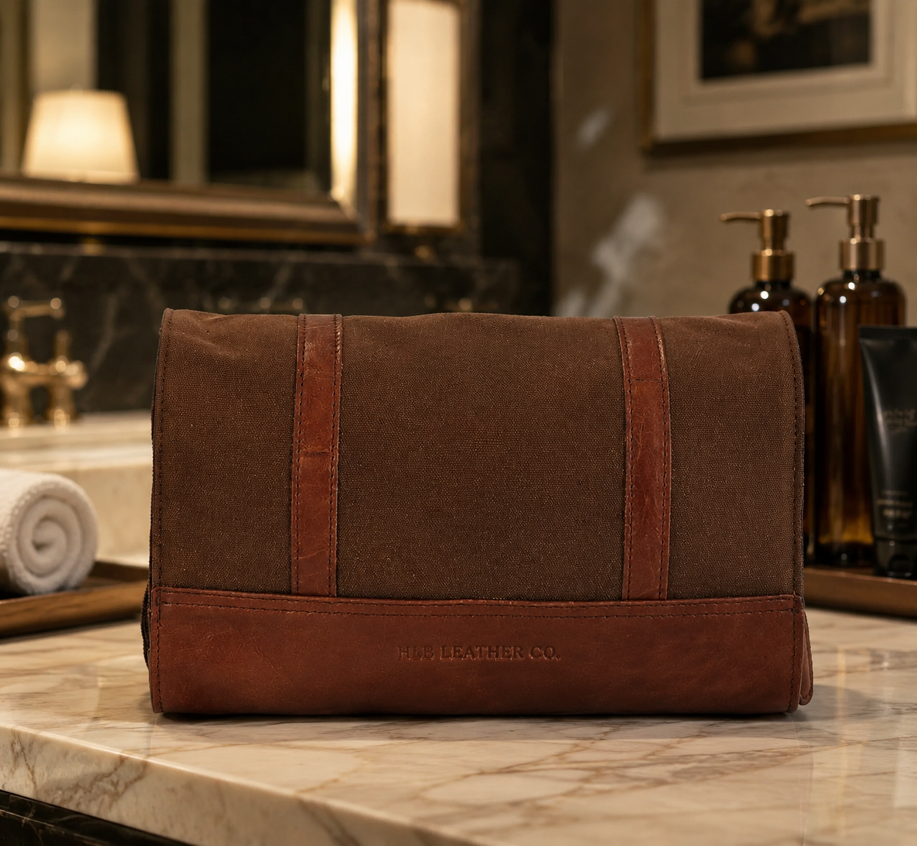 Tan Leather & Canvas Hanging Toiletry Bag – Detachable Travel Wash Organizer