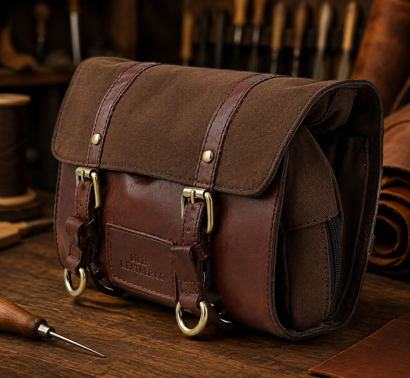 Tan Leather & Canvas Hanging Toiletry Bag – Detachable Travel Wash Organizer
