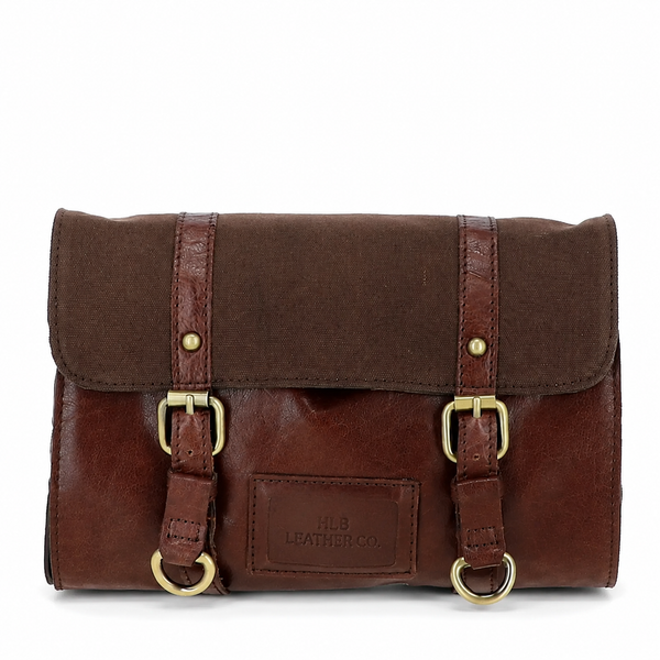 Tan Leather & Canvas Hanging Toiletry Bag – Detachable Travel Wash Organizer
