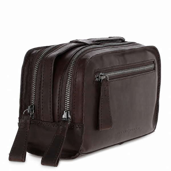 Brown Waxy Leather Wash Bag – Dual Compartment Travel Toiletry Organizer