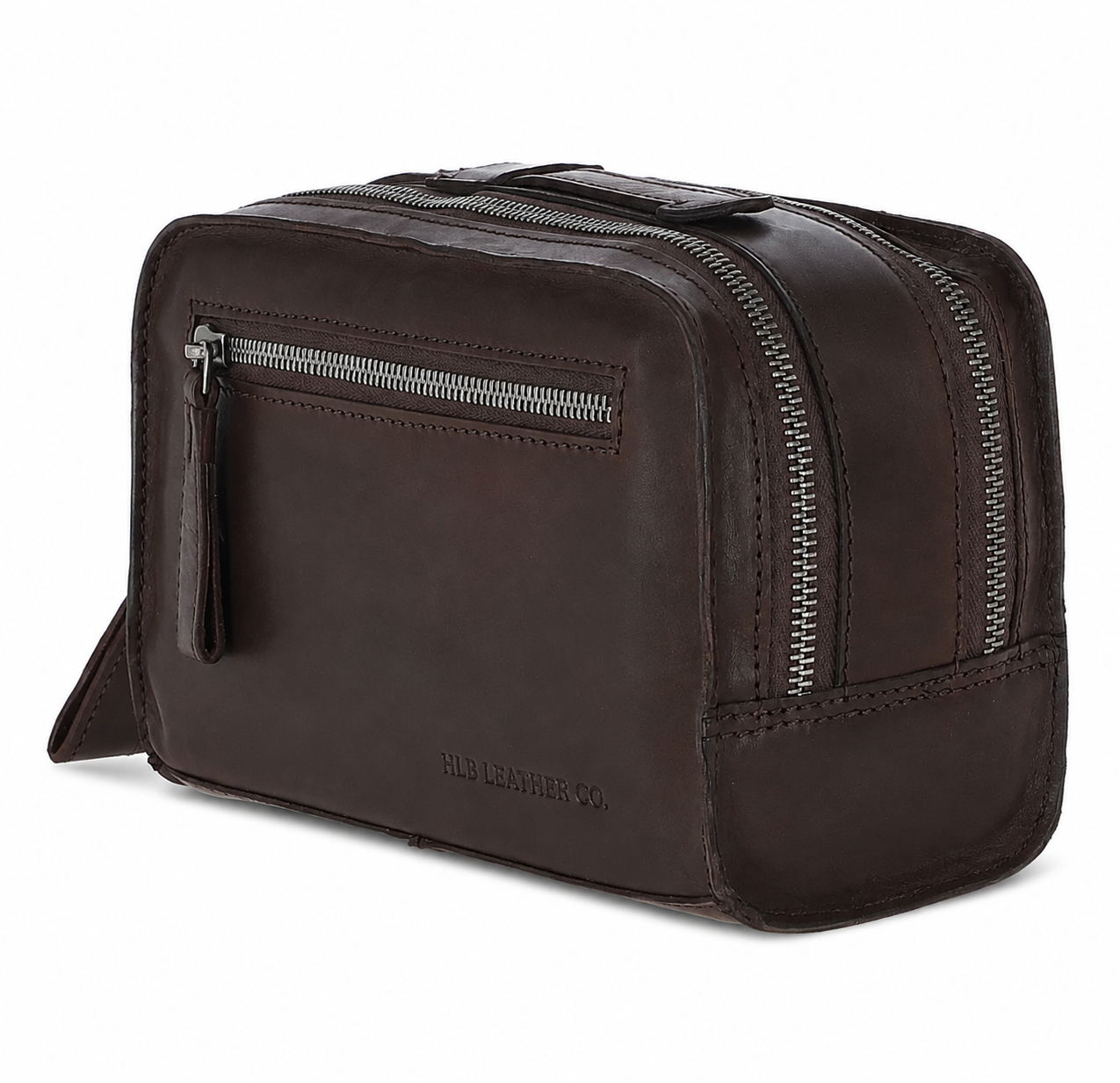 Brown Waxy Leather Wash Bag – Dual Compartment Travel Toiletry Organizer