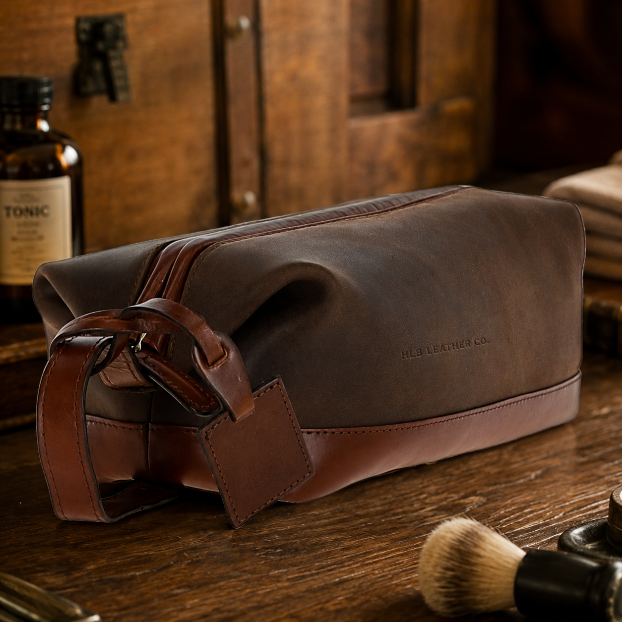 Brown & Brandy Oily Leather Wash Bag – Genuine Cow Leather Travel Toiletry Case