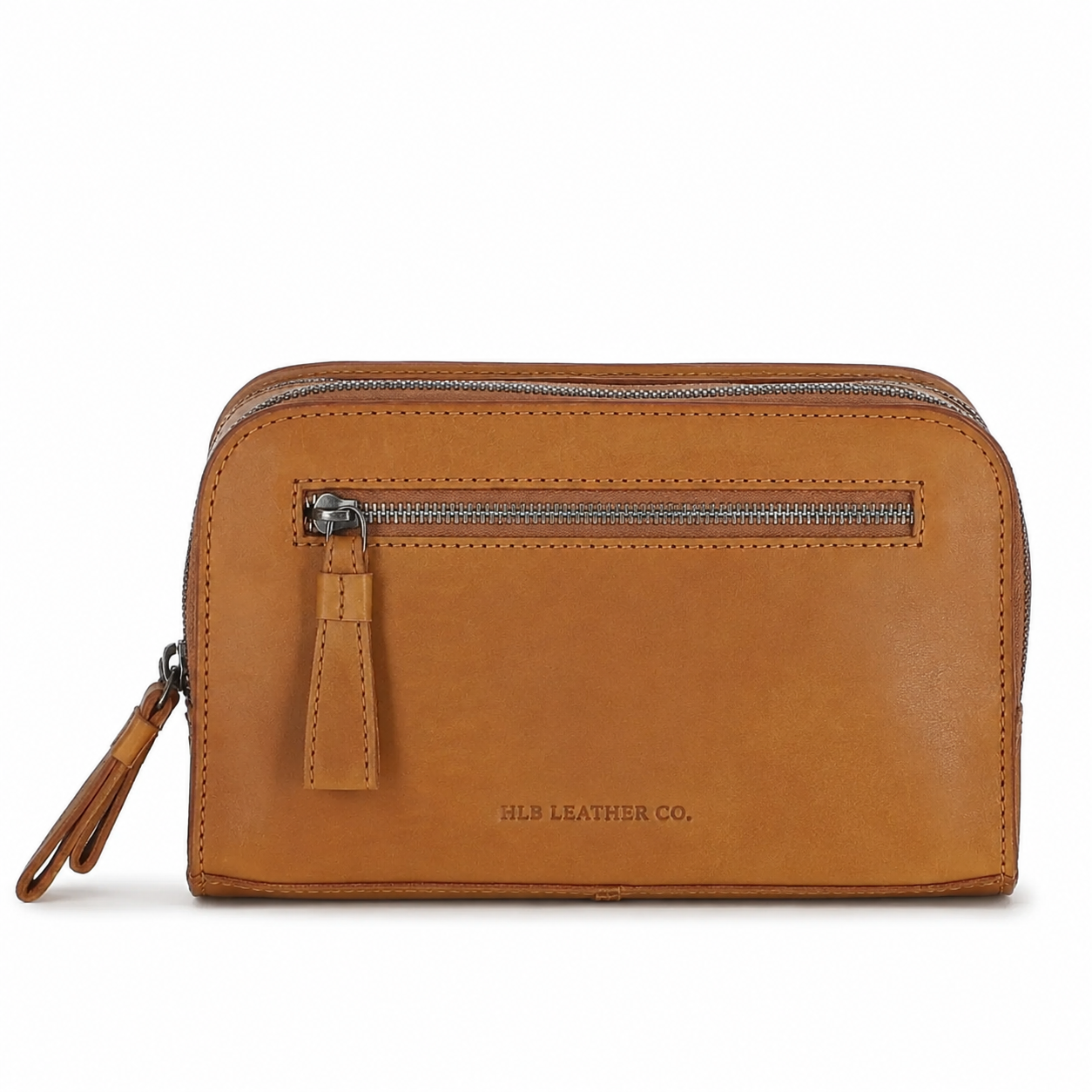Cognac Waxy Leather Wash Bag – Dual Compartment Travel Toiletry Case