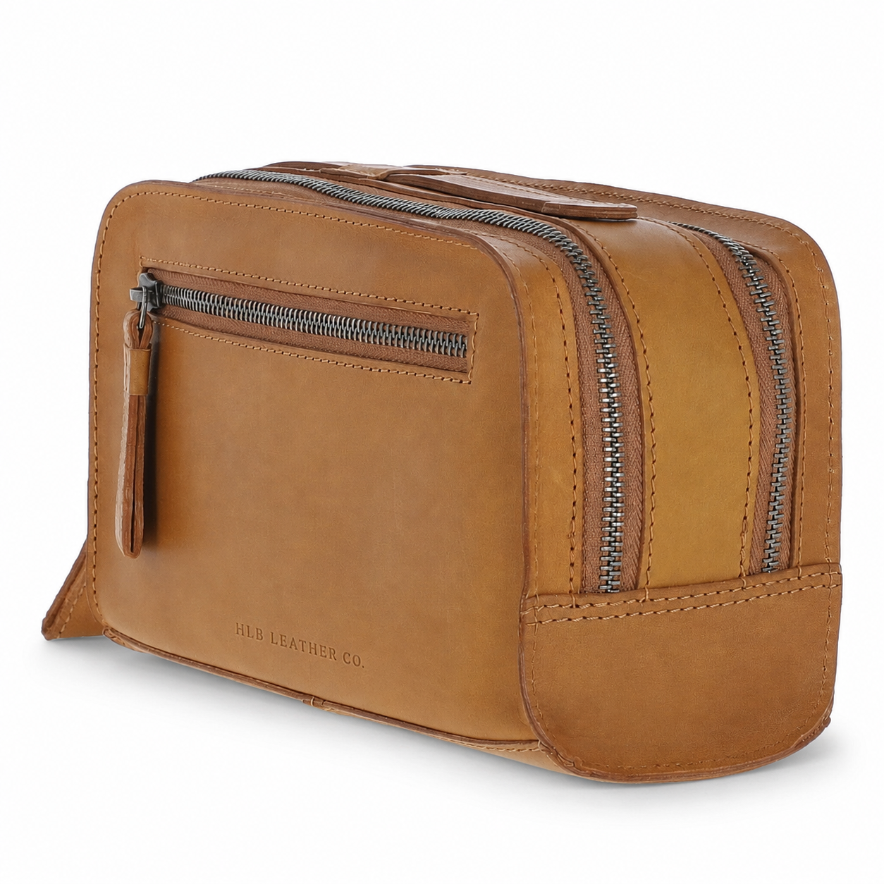 Cognac Waxy Leather Wash Bag – Dual Compartment Travel Toiletry Case