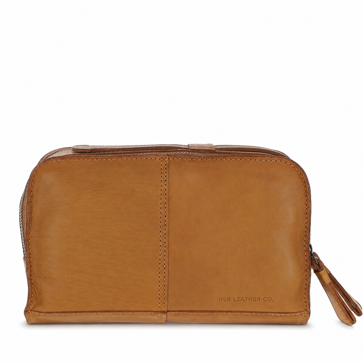 Cognac Waxy Leather Wash Bag – Dual Compartment Travel Toiletry Case
