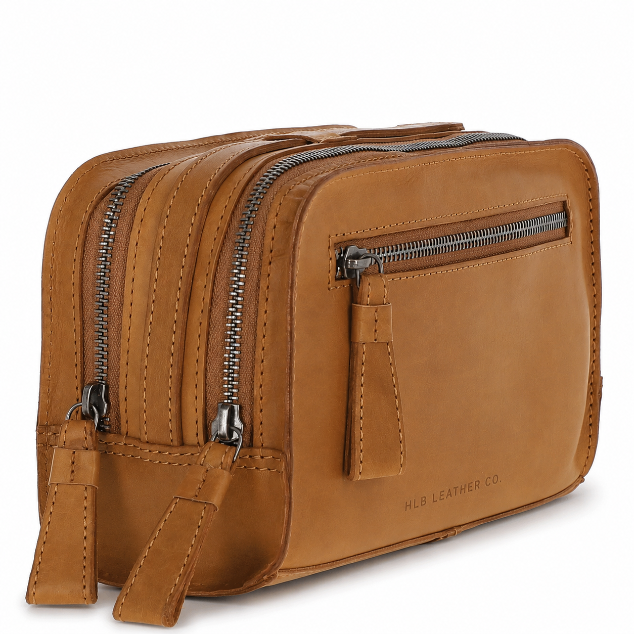 Cognac Waxy Leather Wash Bag – Dual Compartment Travel Toiletry Case