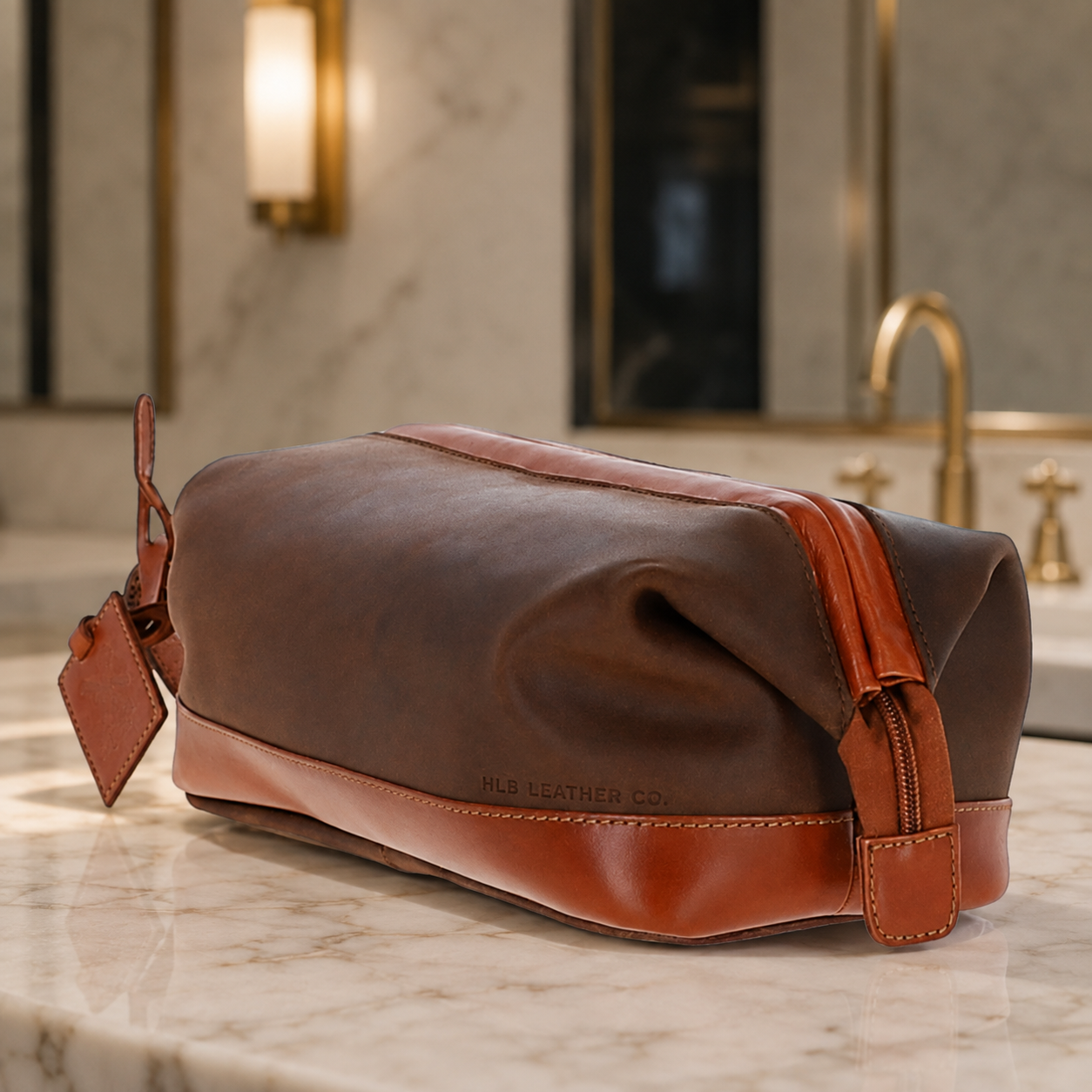 Brown & Tan Oily Leather Wash Bag – Genuine Cow Leather Travel Toiletry Case