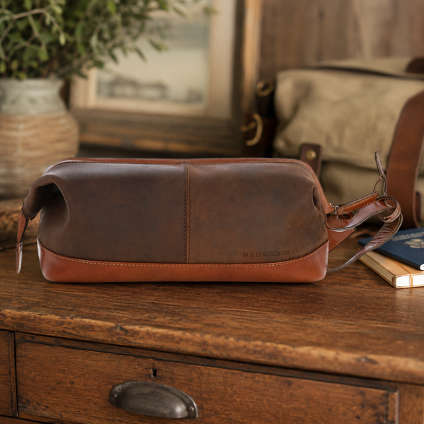 Brown & Tan Oily Leather Wash Bag – Genuine Cow Leather Travel Toiletry Case
