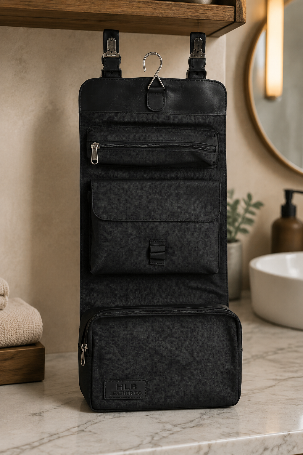 Black Hanging Leather Toiletry Bag – Handmade Detachable Travel Wash Case