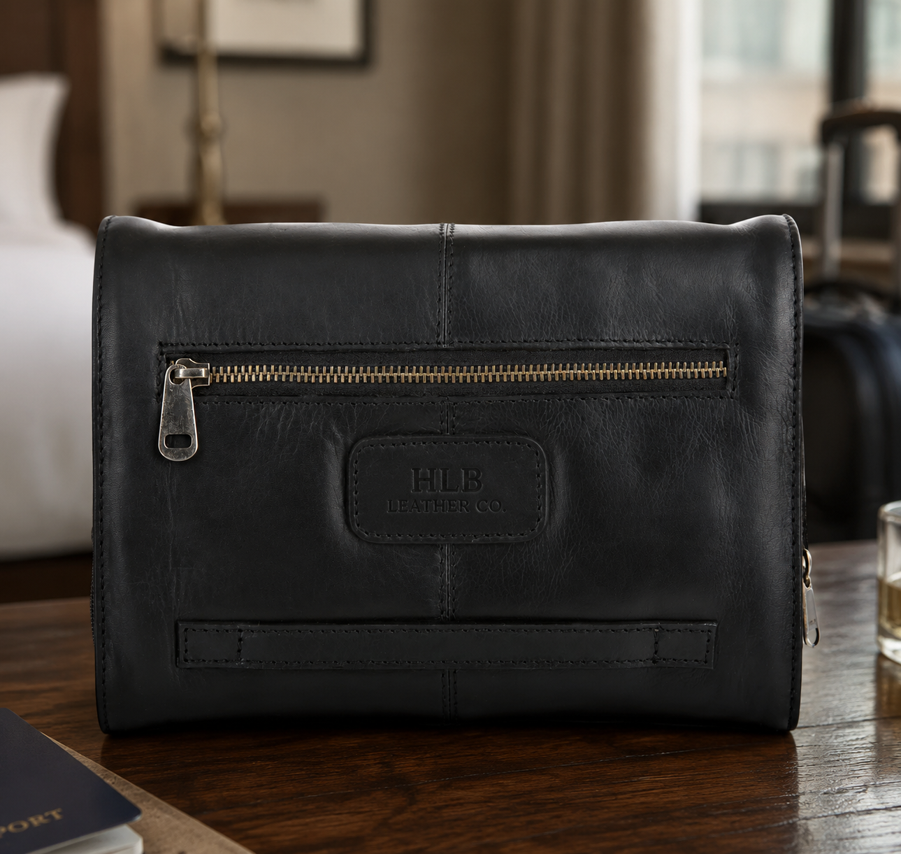 Black Hanging Leather Toiletry Bag – Handmade Detachable Travel Wash Case