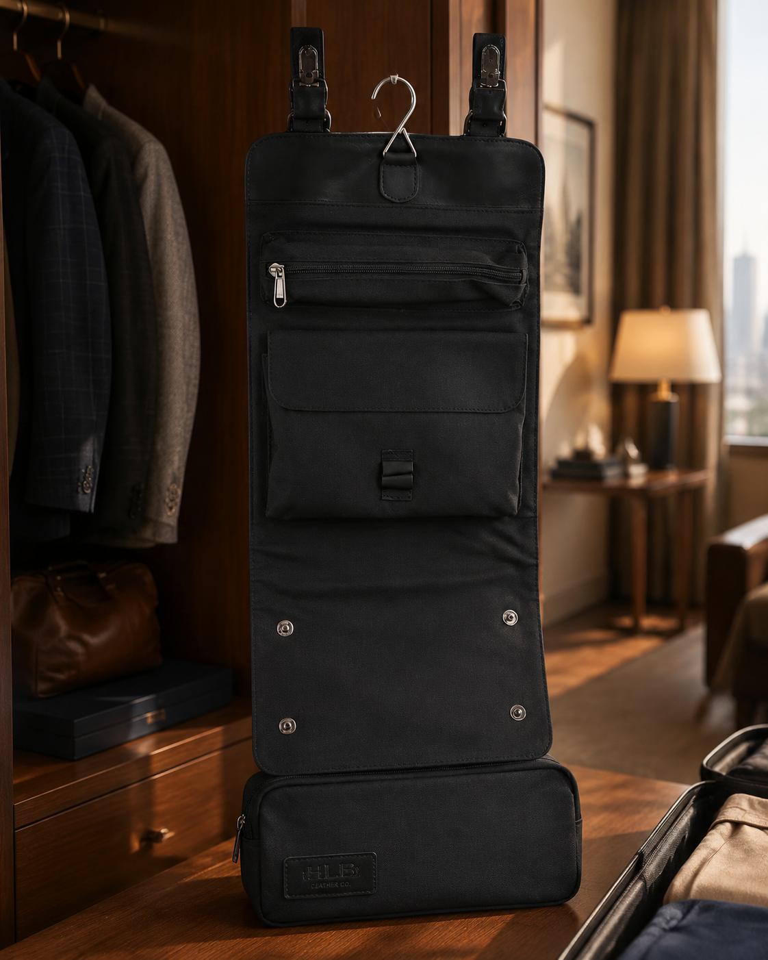 Black Hanging Leather Toiletry Bag – Handmade Detachable Travel Wash Case