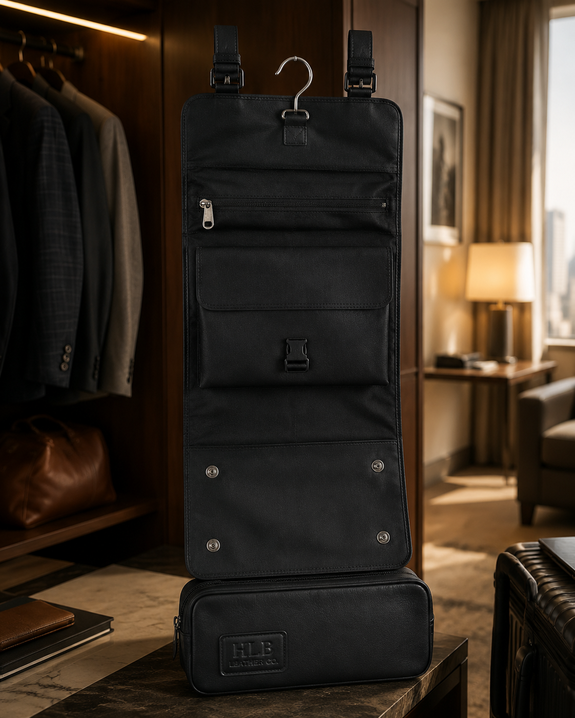 Black Hanging Leather Toiletry Bag – Handmade Detachable Travel Wash Case