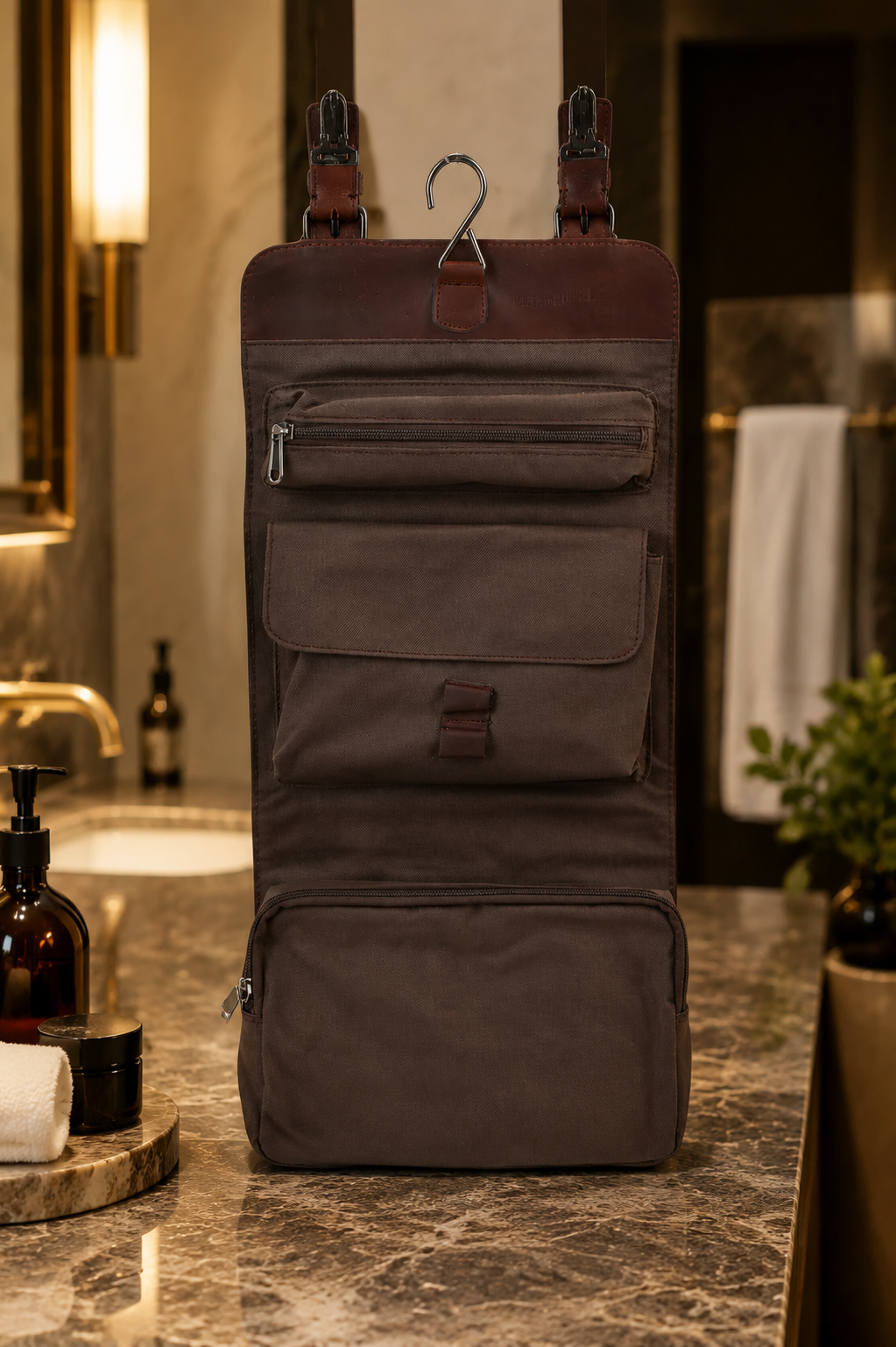 Tan Hanging Leather Toiletry Bag – Handmade Detachable Travel Wash Organizer