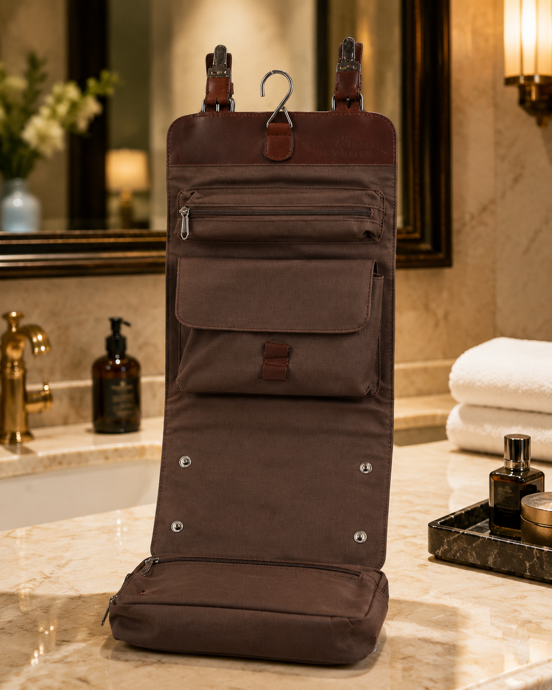 Tan Hanging Leather Toiletry Bag – Handmade Detachable Travel Wash Organizer