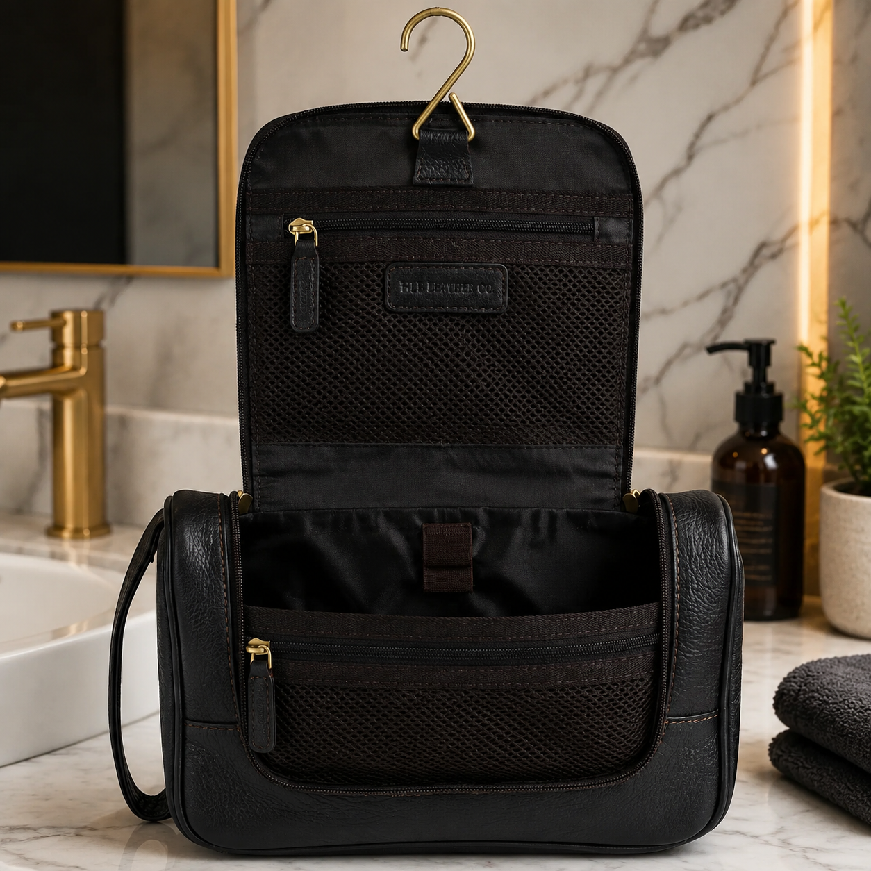 Brown Hanging Leather Wash Bag – Classic Full-Grain Travel Toiletry Organizer