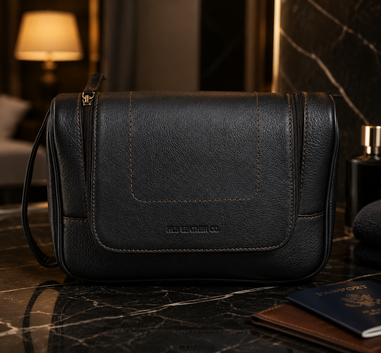 Brown Hanging Leather Wash Bag – Classic Full-Grain Travel Toiletry Organizer