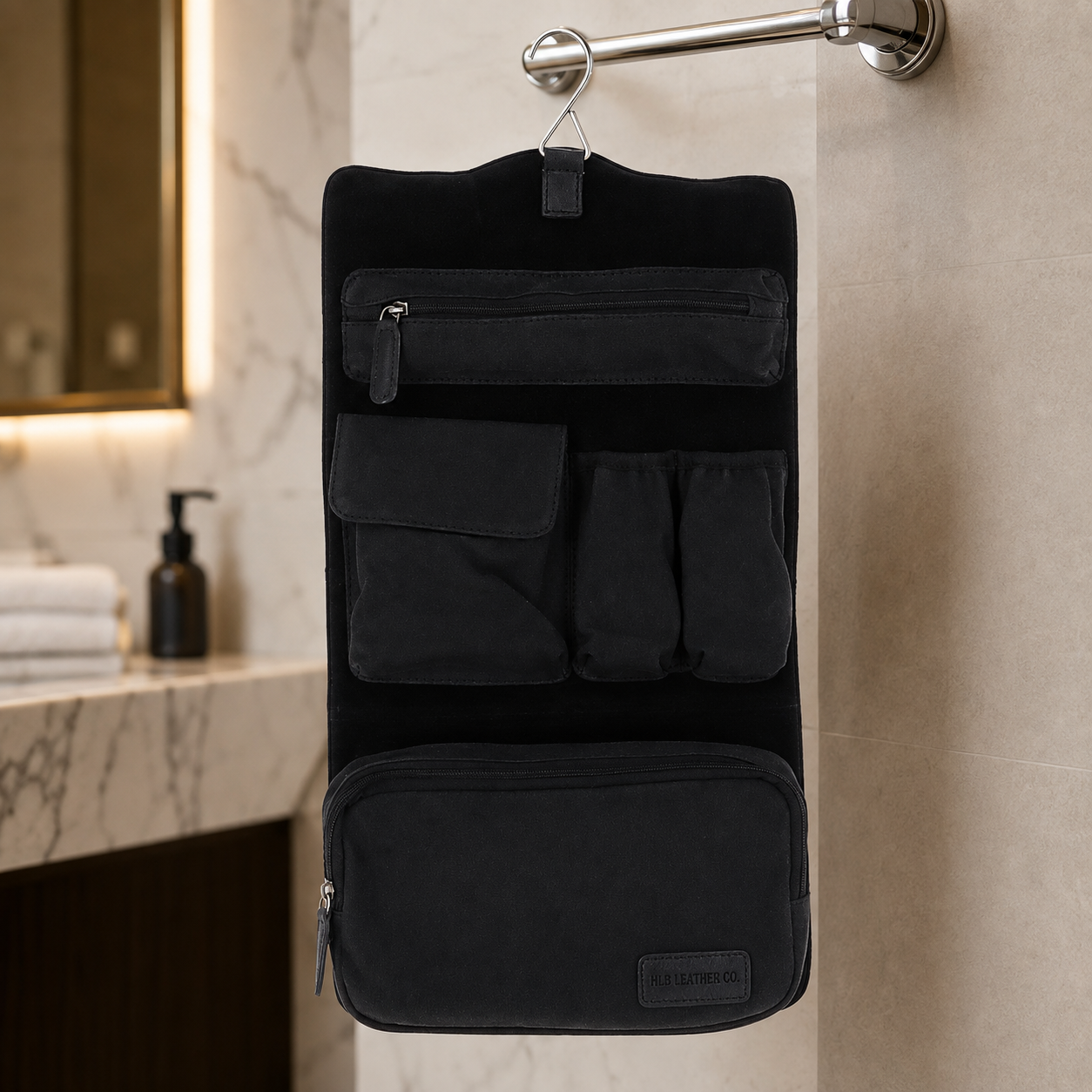 Black Leather & Canvas Hanging Toiletry Bag – Detachable Travel Wash Organizer