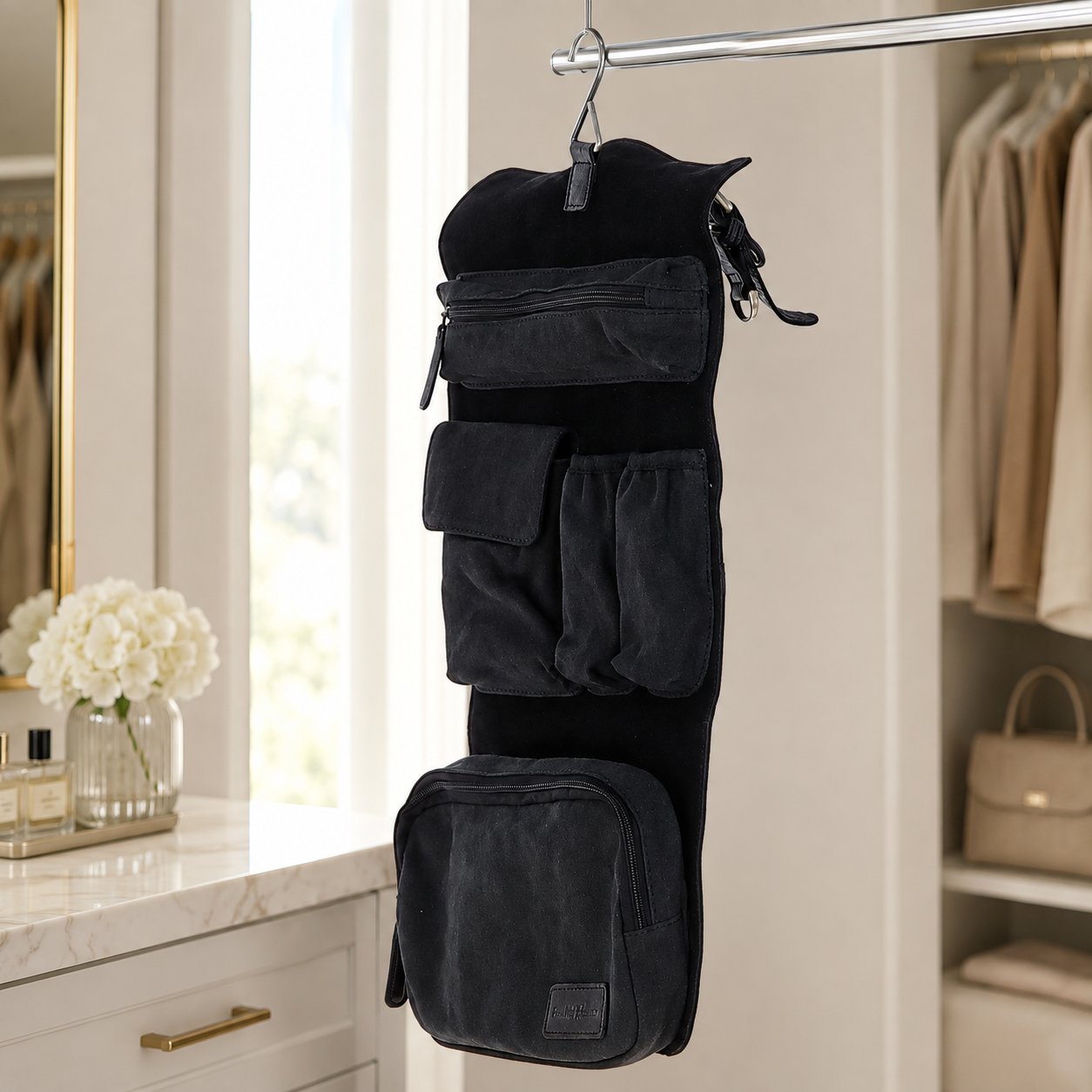 Black Leather & Canvas Hanging Toiletry Bag – Detachable Travel Wash Organizer