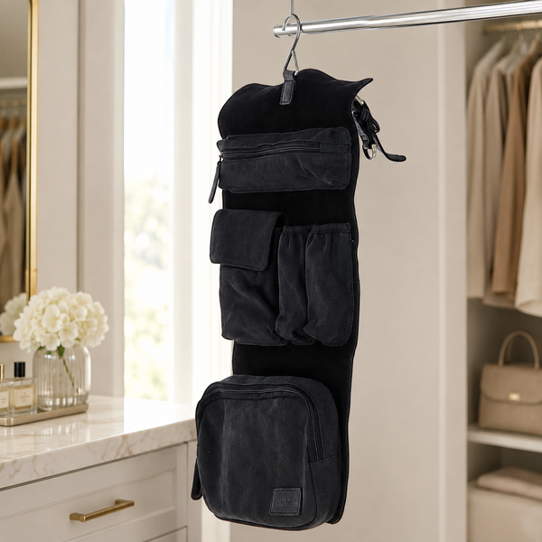 Black Leather & Canvas Hanging Toiletry Bag – Detachable Travel Wash Organizer