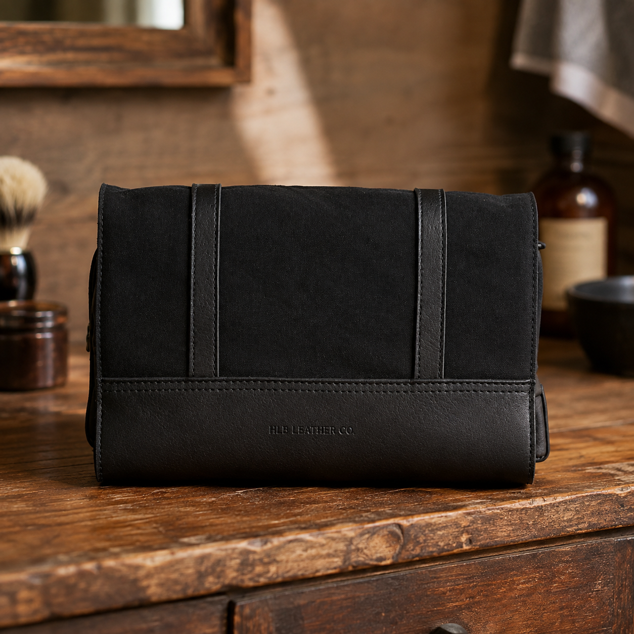 Black Leather & Canvas Hanging Toiletry Bag – Detachable Travel Wash Organizer