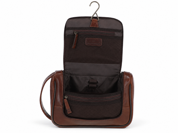 Tempo Brown Vegetable-Tanned Leather Hanging Wash Bag – Premium Travel Organizer