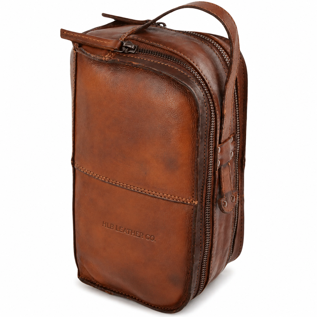 Rust Vintage Leather Wash Bag – Dual Compartment Travel Toiletry Case