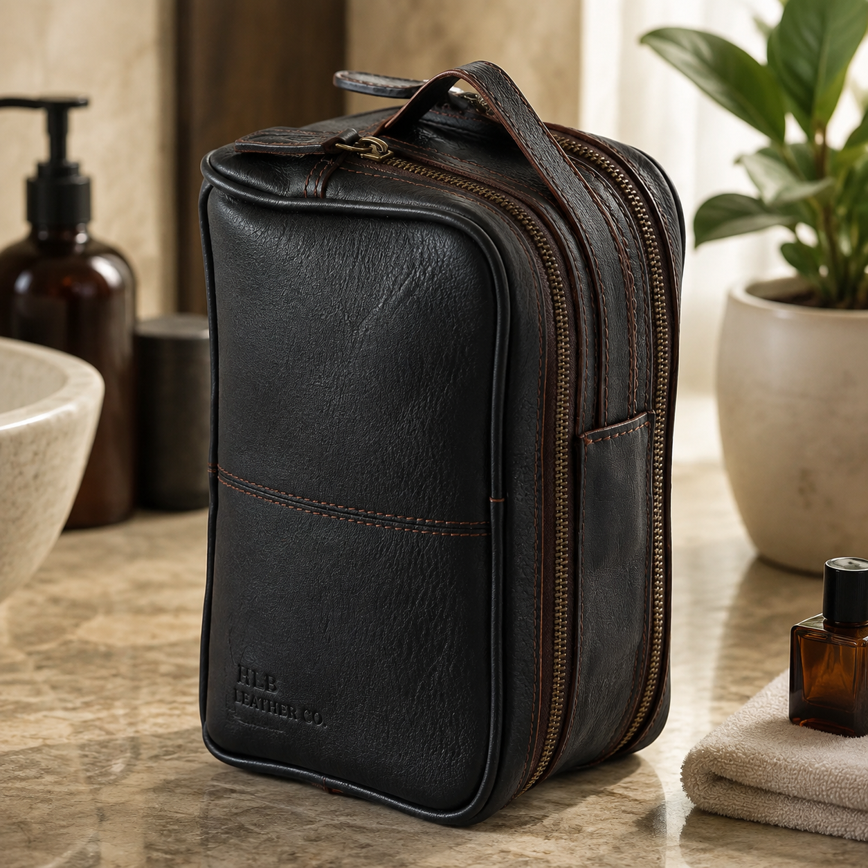 Brown Leather Wash Bag – Classic Dual Compartment Travel Organizer