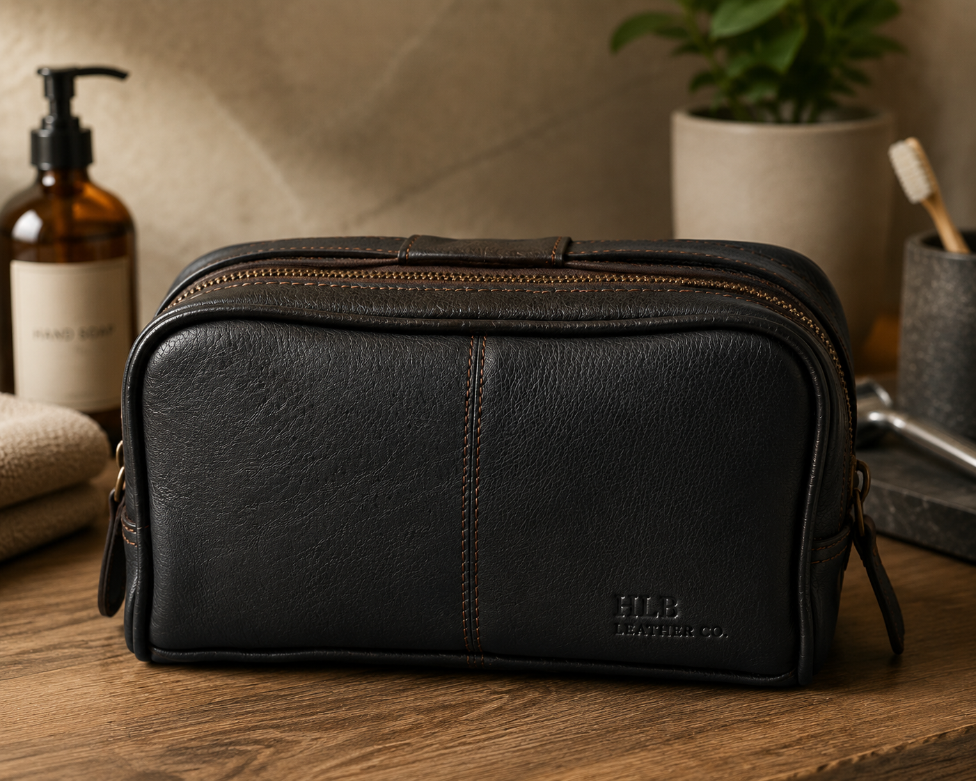 Brown Leather Wash Bag – Classic Dual Compartment Travel Organizer