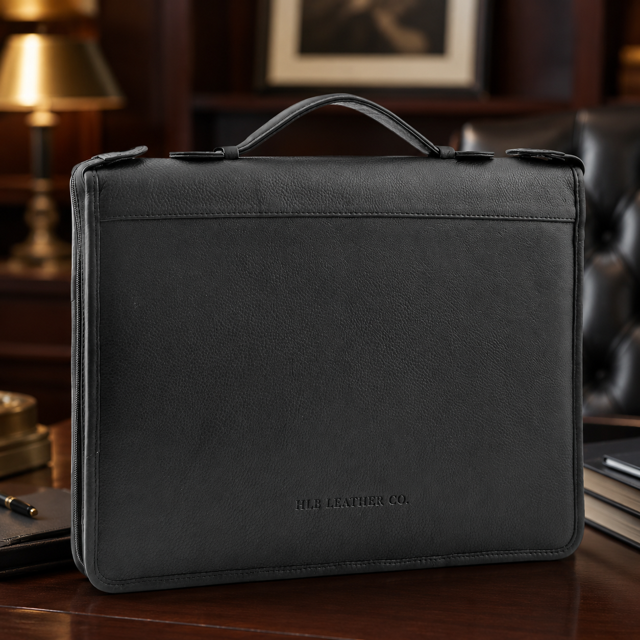 Black Leather Portfolio Case with Carry Handle – A4 Business Organizer