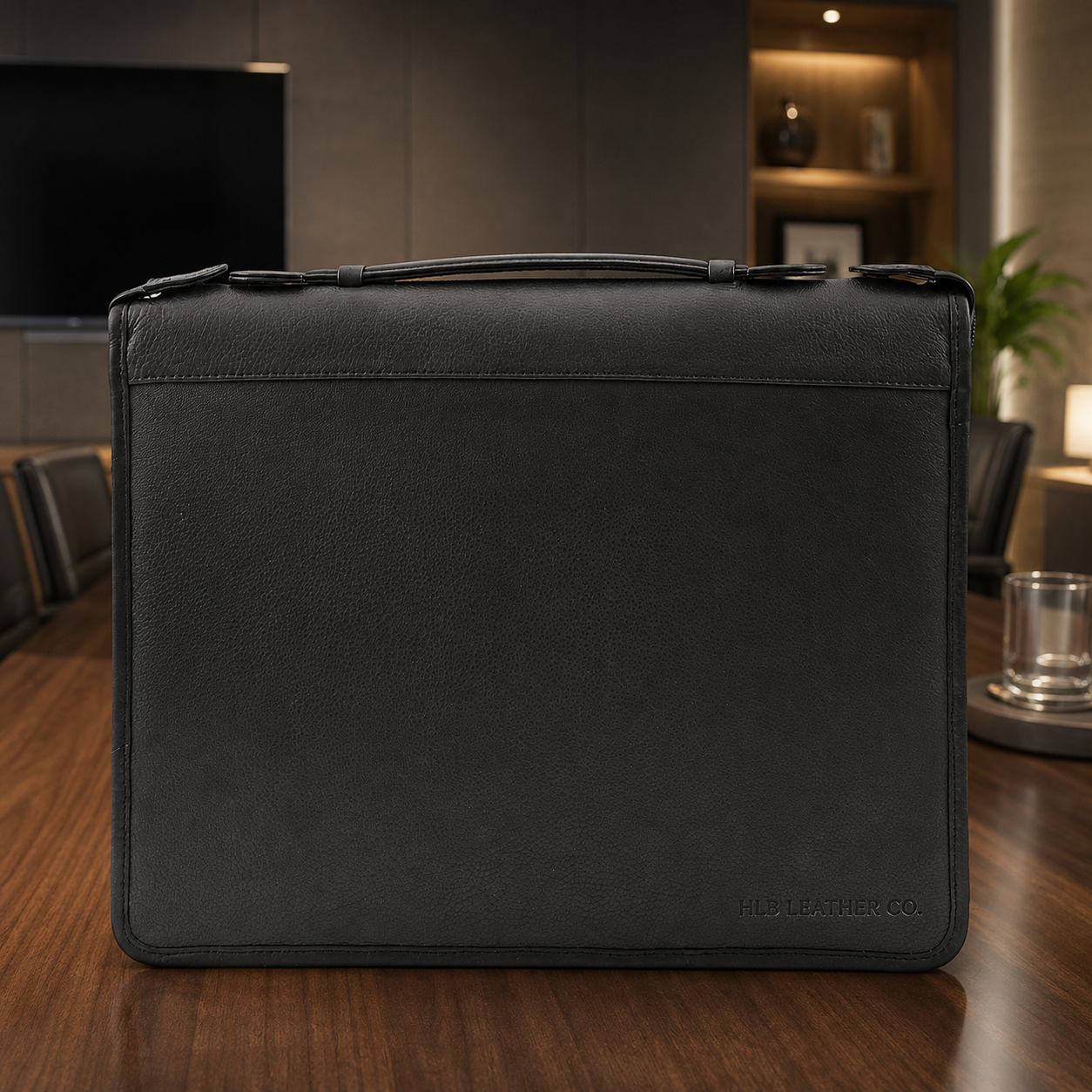 Black Leather Portfolio Case with Carry Handle – A4 Business Organizer