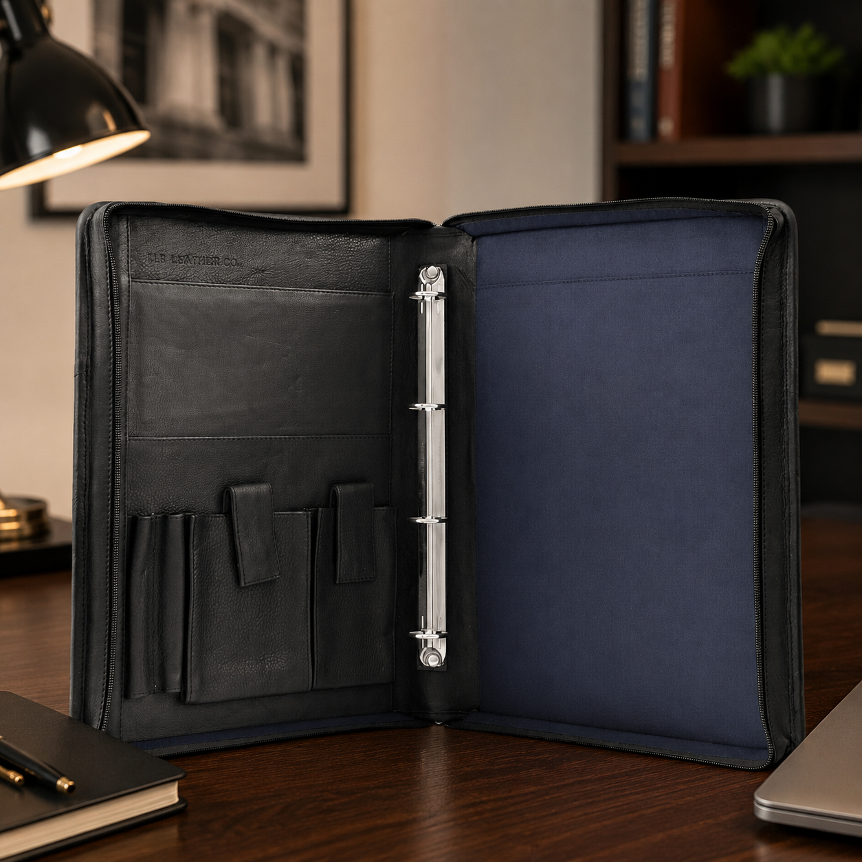 Black Leather Portfolio Case with Carry Handle – A4 Business Organizer