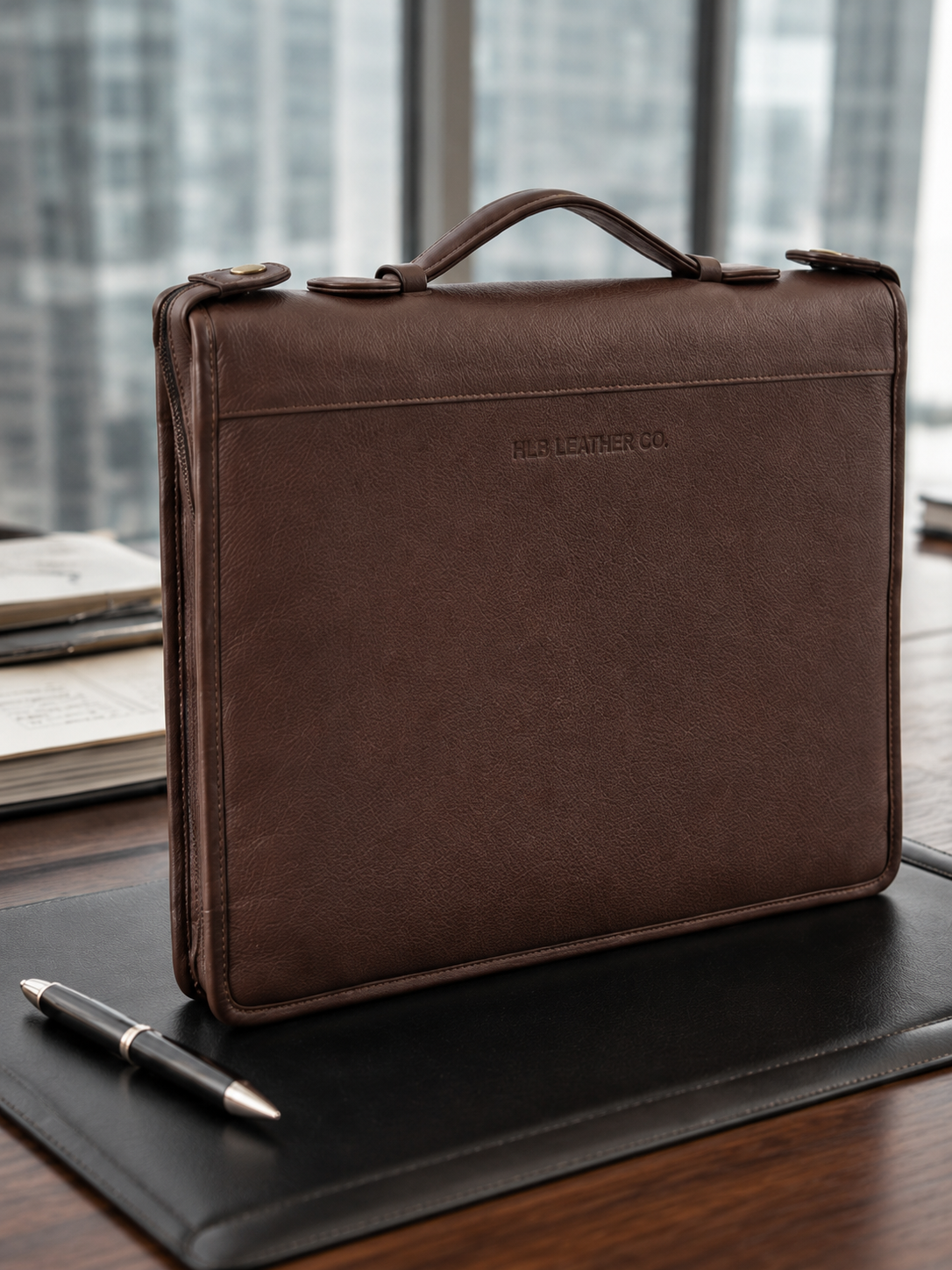 Brown Leather Portfolio Case with Carry Handle – A4 Business Organizer