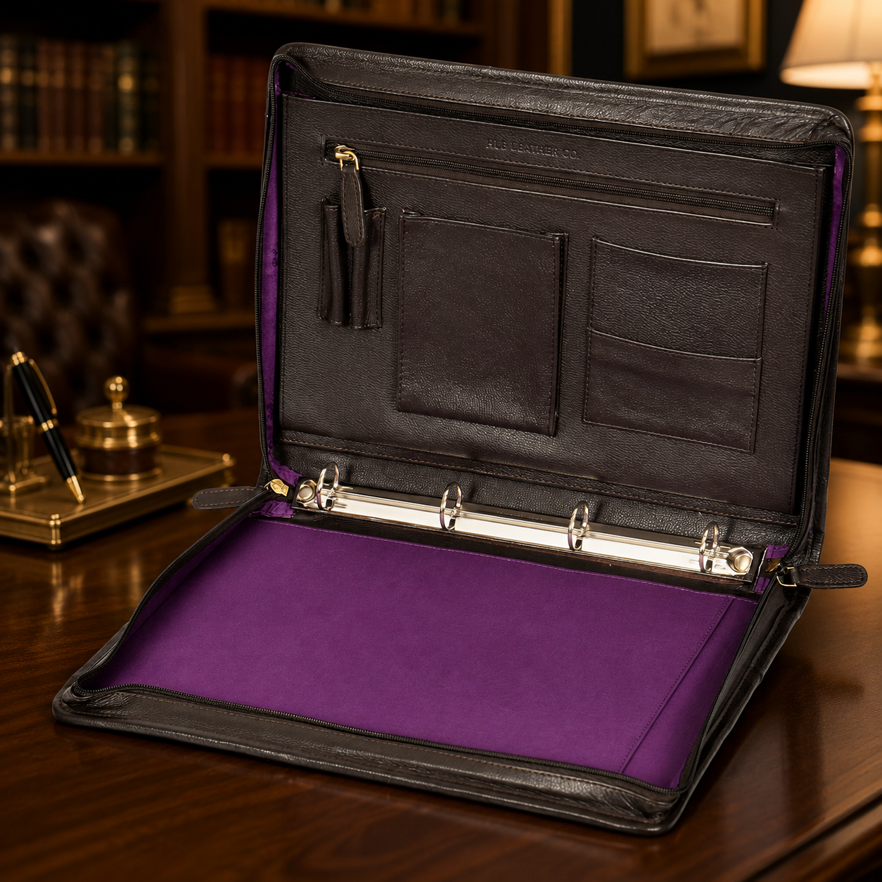 Braga Brown Leather Ring Binder Folio – Professional Conference Organizer