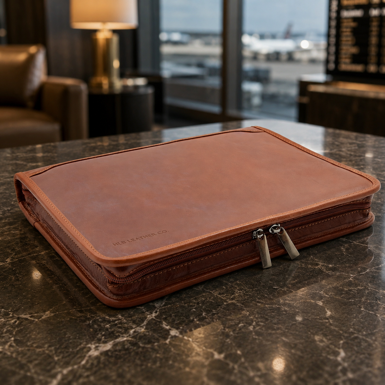 Muker Cognac Leather Portfolio Case – A4 Ring Binder Business Organizer