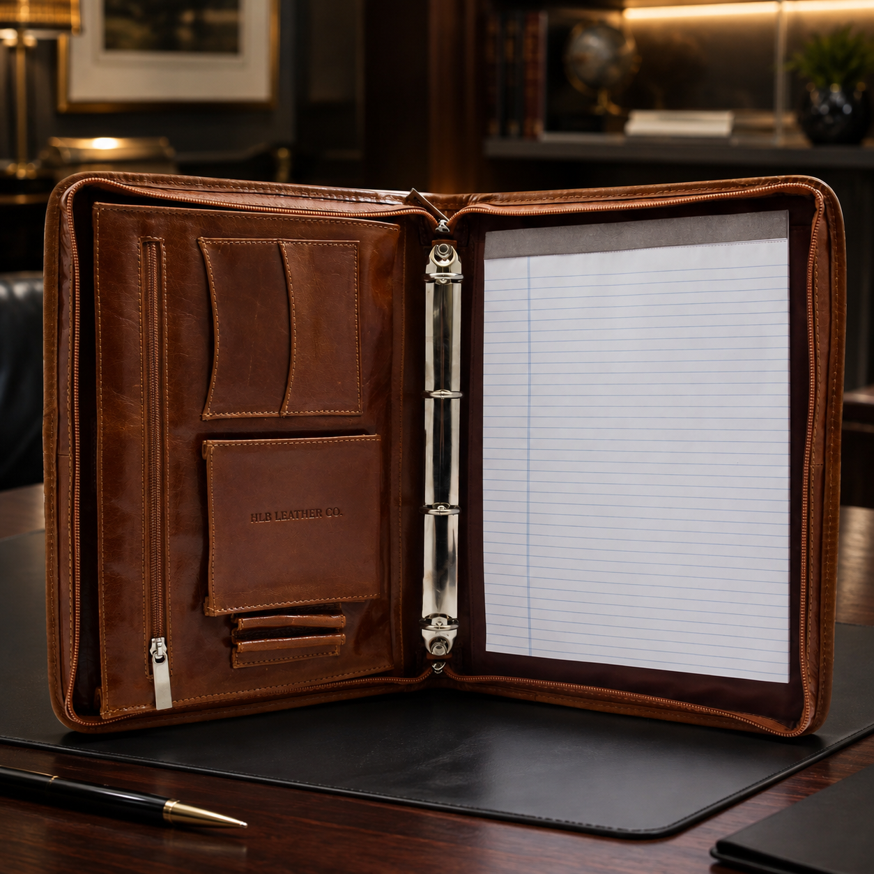 Muker Cognac Leather Portfolio Case – A4 Ring Binder Business Organizer