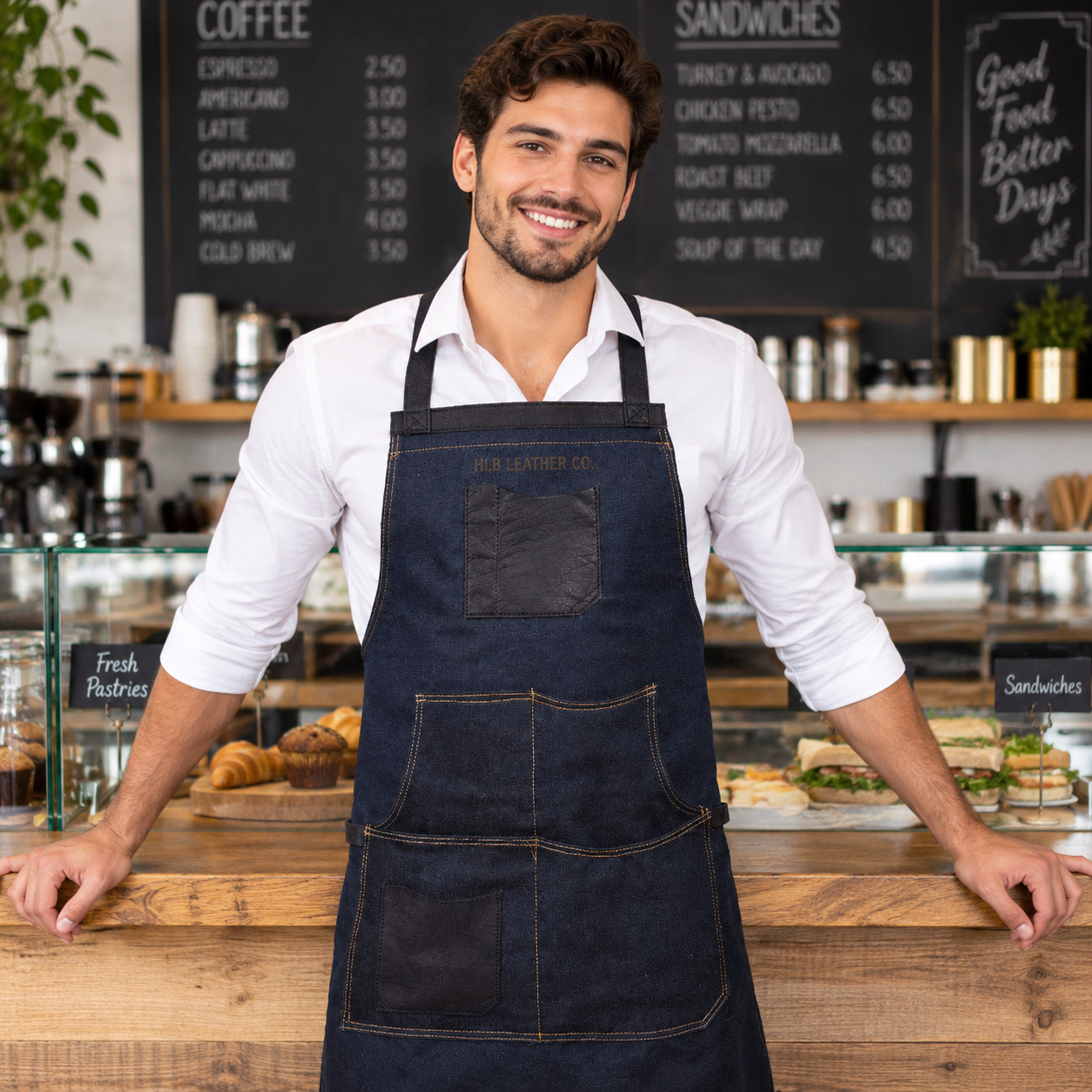 Denim Blue Waxed Canvas Work Apron with Leather Trim