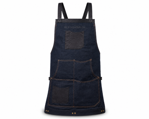 Denim Blue Waxed Canvas Work Apron with Leather Trim