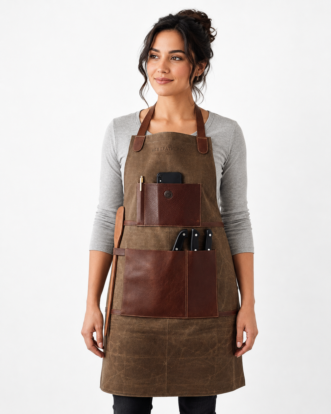 Seaweed Green Waxed Canvas Work Apron with Leather Straps