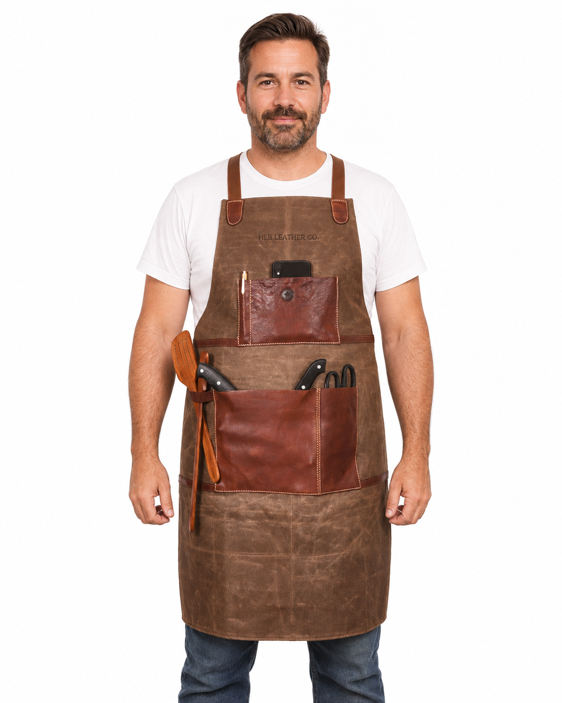 Seaweed Green Waxed Canvas Work Apron with Leather Straps