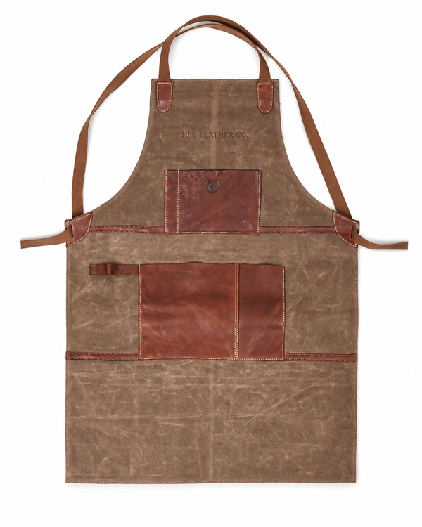 Seaweed Green Waxed Canvas Work Apron with Leather Straps