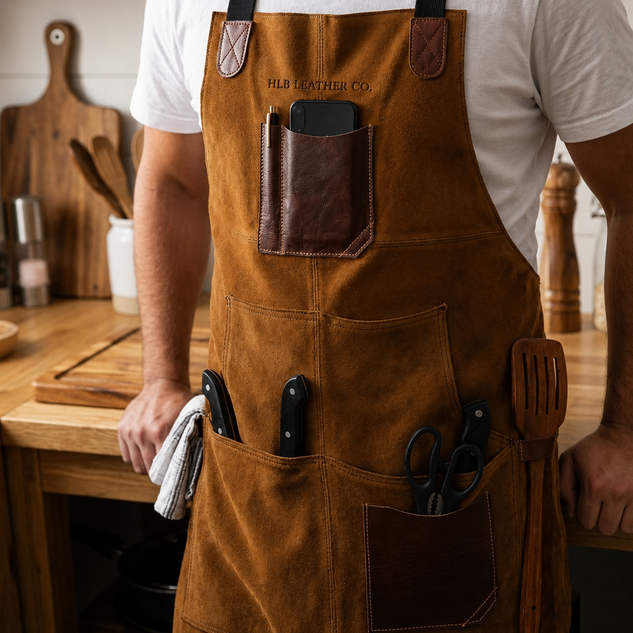 Caramel Brown Suede Leather Bib Apron with Front Pockets