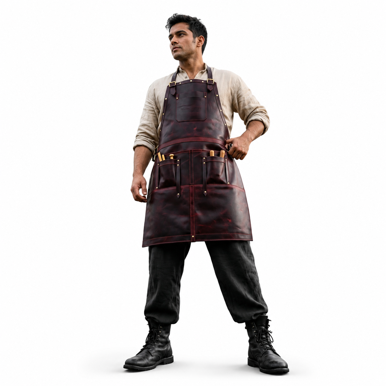 Full-Grain Leather Cross-Back Work Apron with Utility Pockets