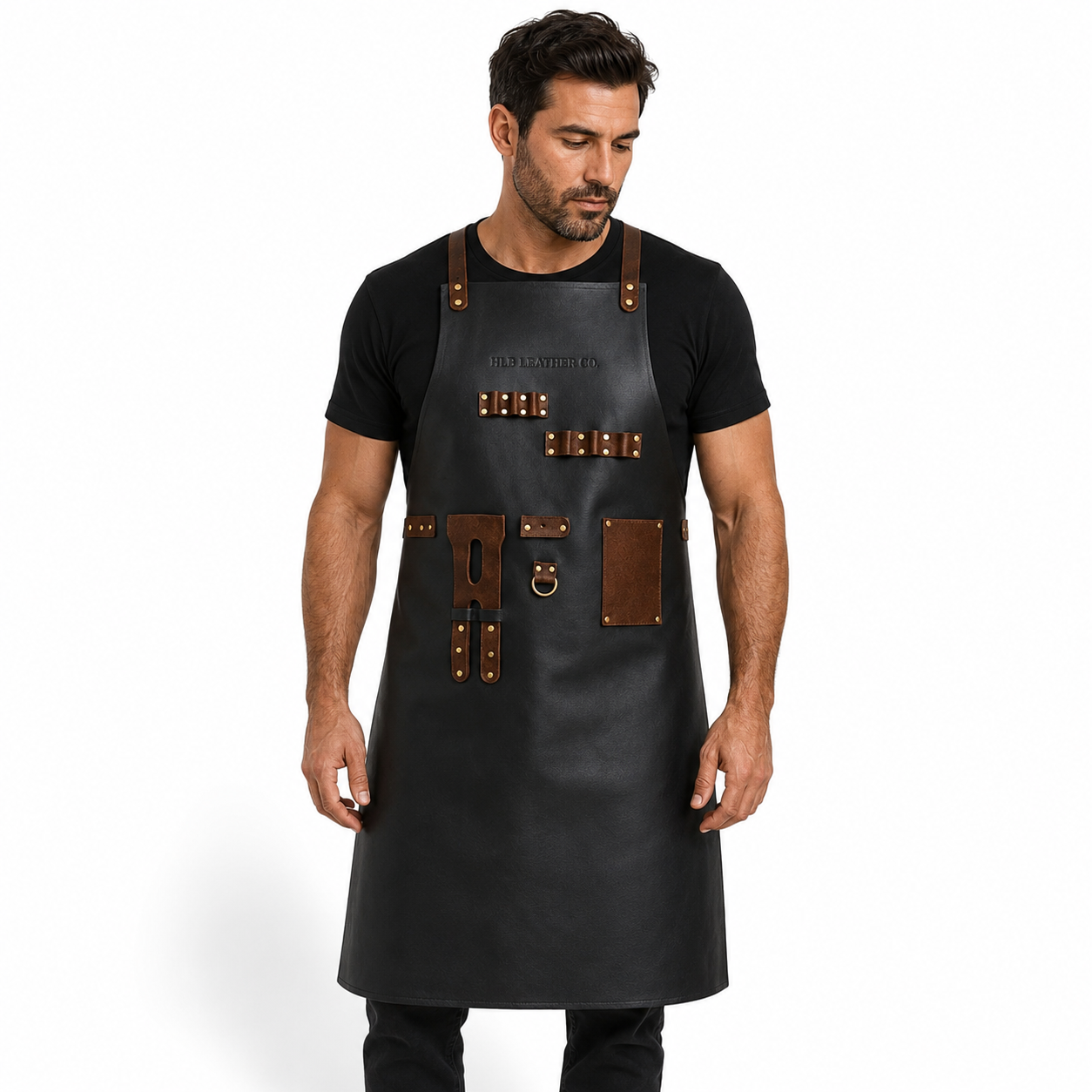 Black Full-Grain Leather Utility Apron with Tool Storage