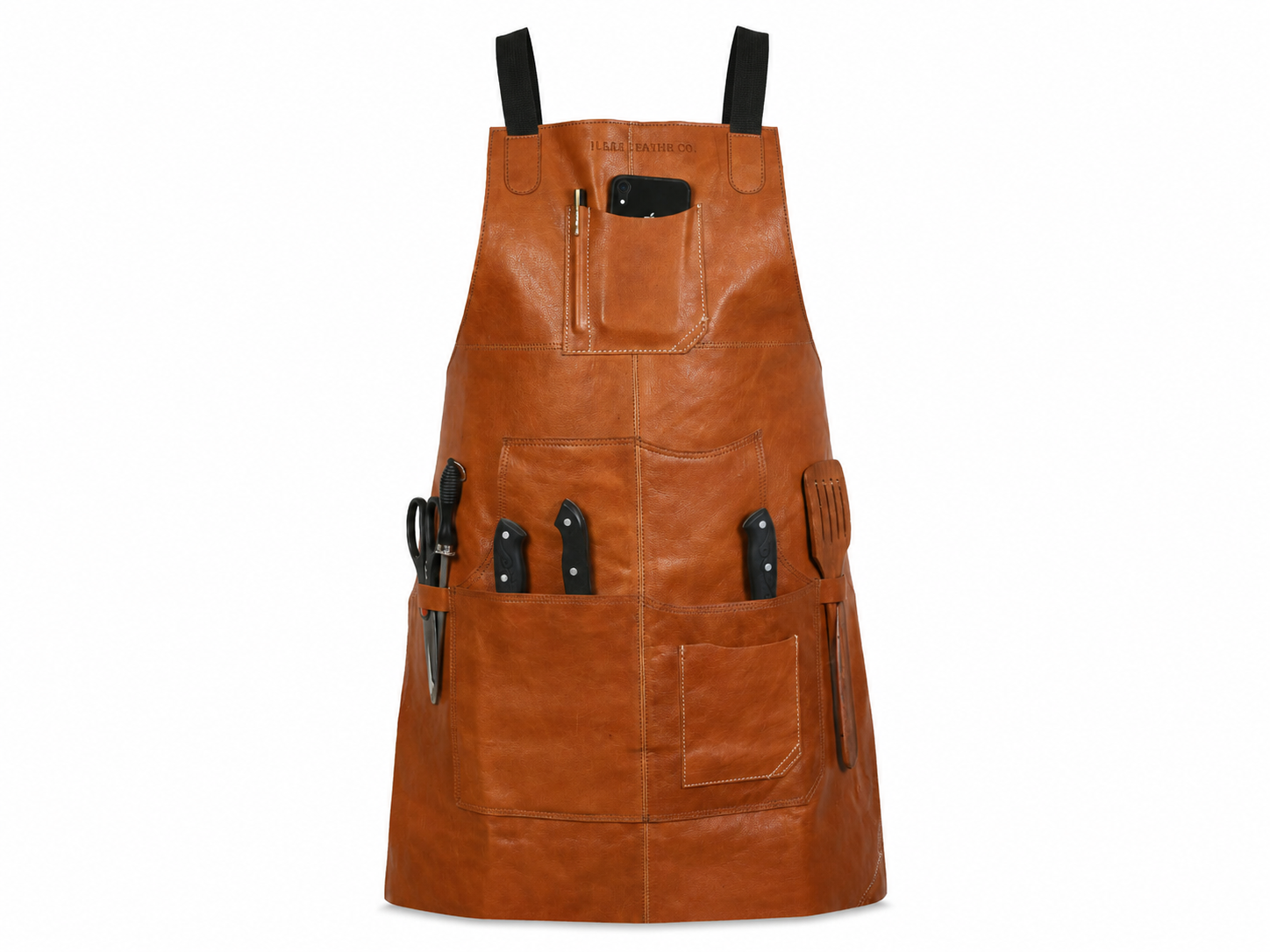 Caramel Brown Full-Grain Leather Bib Apron with Utility Pockets