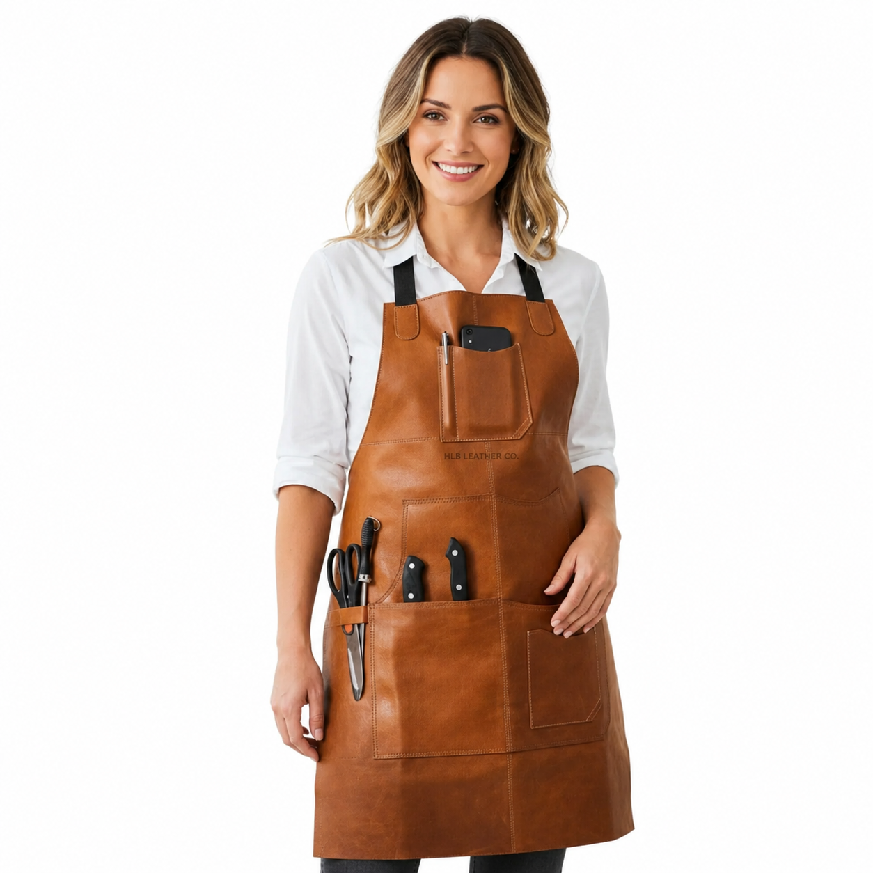 Caramel Brown Full-Grain Leather Bib Apron with Utility Pockets