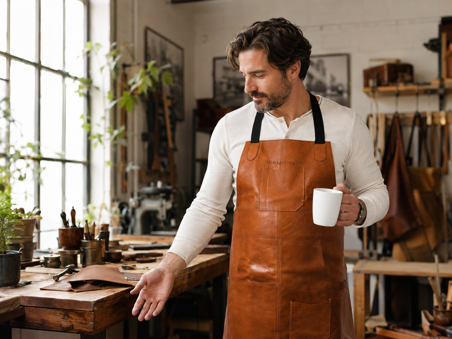 Caramel Brown Full-Grain Leather Bib Apron with Utility Pockets